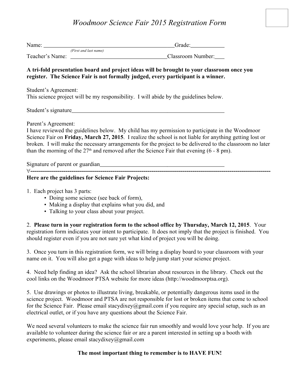 Woodmoor Science Fair Registration Form