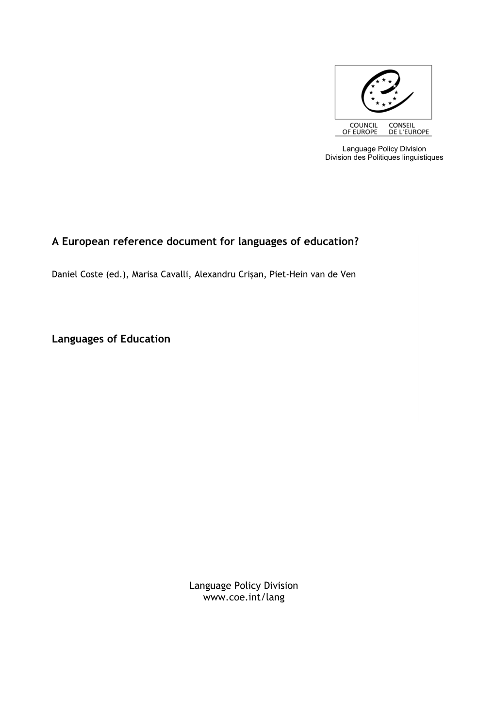 A European Reference Document for Languages of Education?