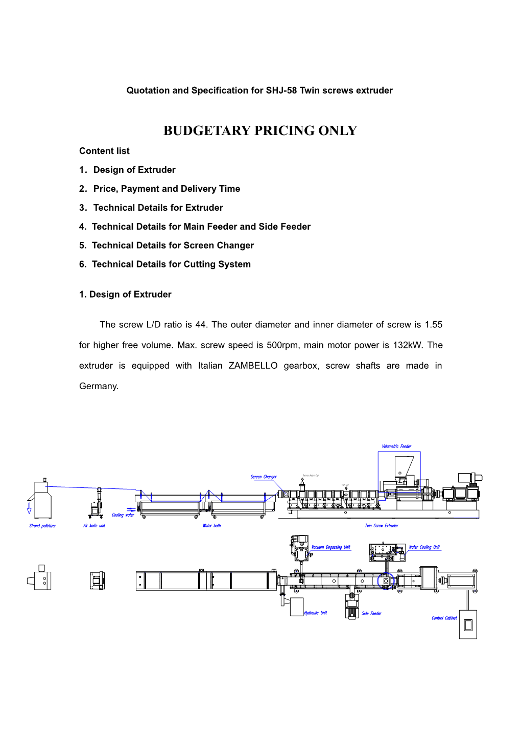 Quotation and Specification for SHJ-58 Twin Screws Extruder