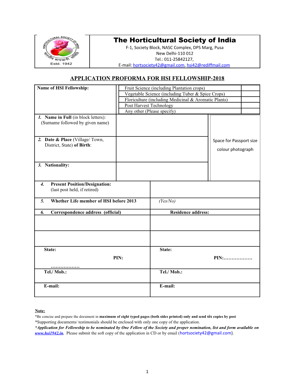 Application Proforma for Hsi Fellowship-2018