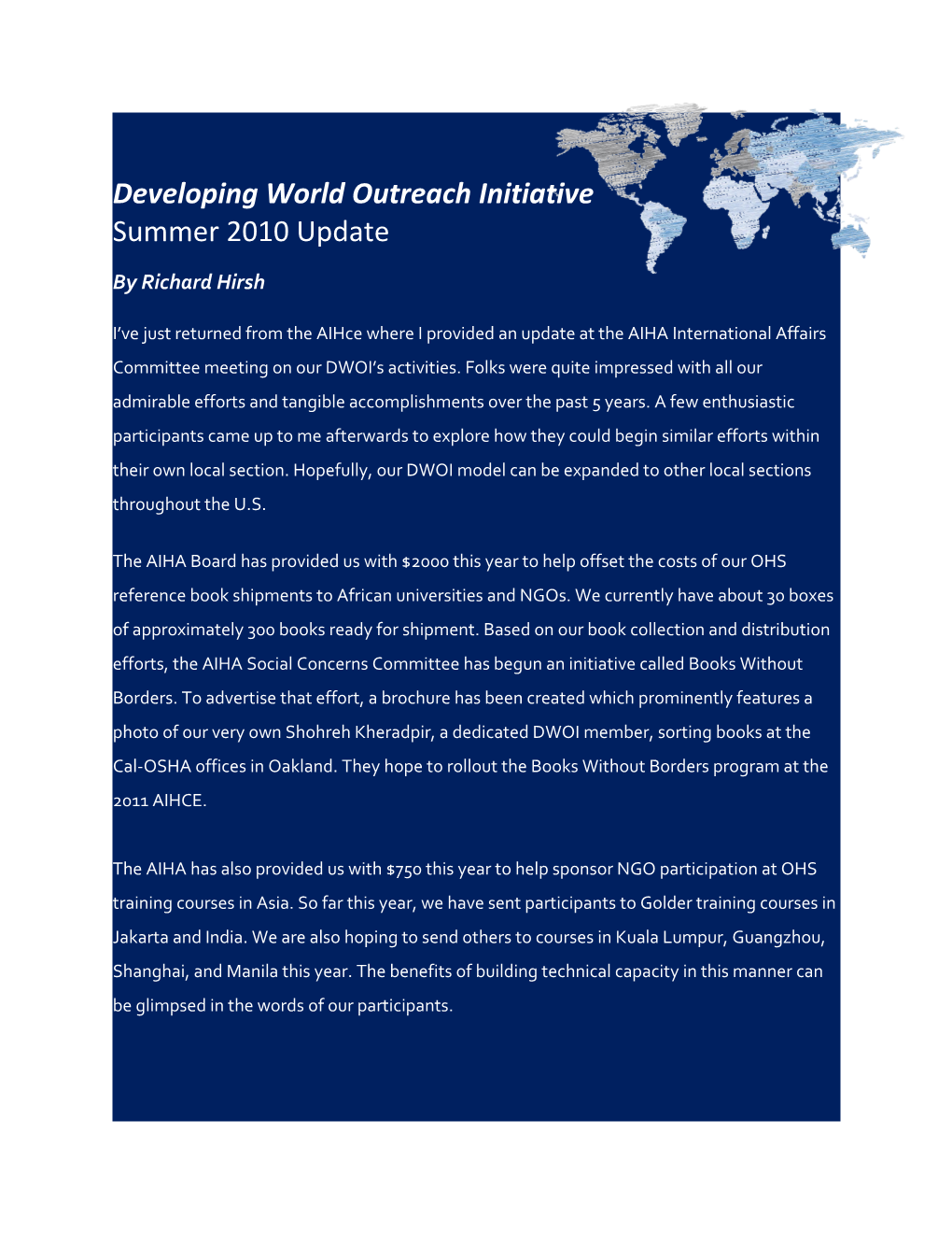 Developing World Outreach Initiative Update