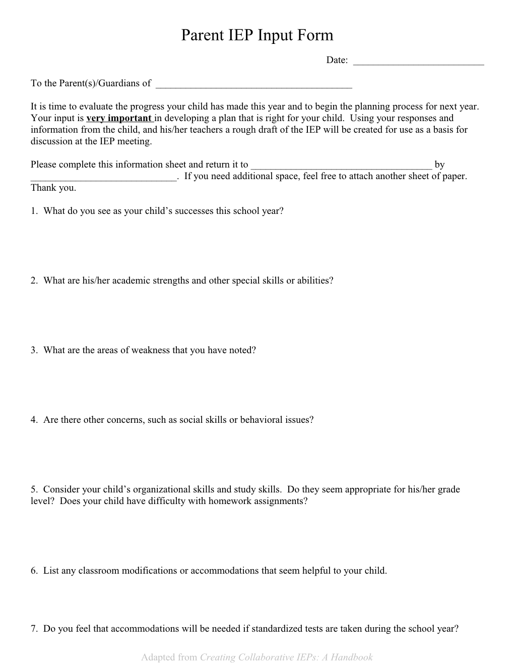 Parent IEP Input Form