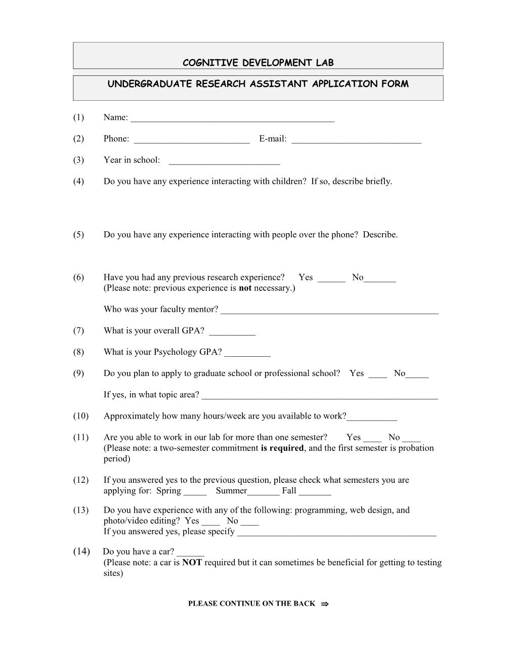 Research Assistant Application Form