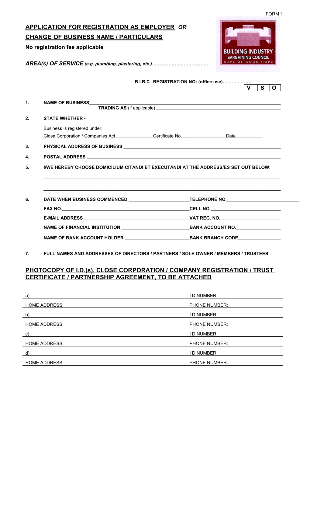 Application for Registration As Employer in the Building Industry Cape of Good Hope