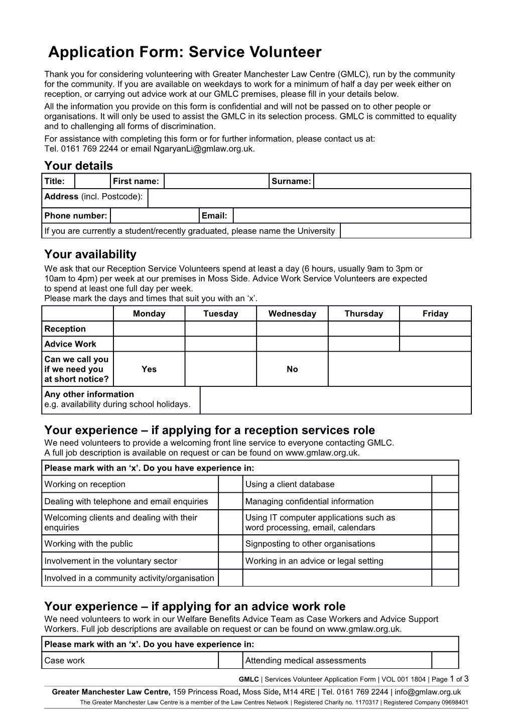 Application Form: Service Volunteer