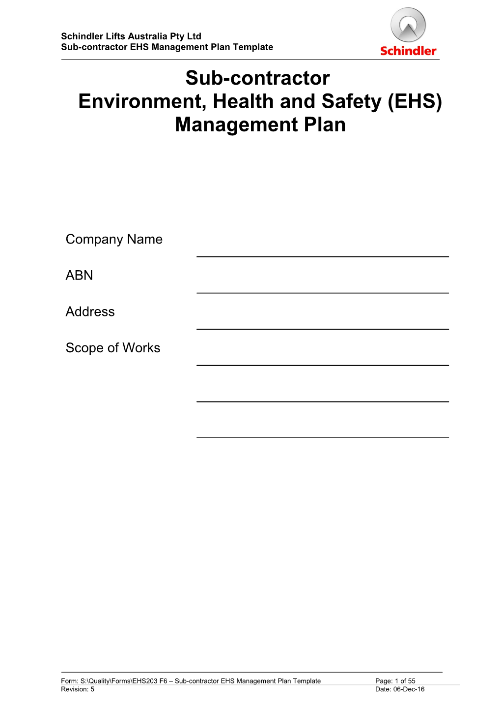 Sub-Contractor EHS Management Plan Template