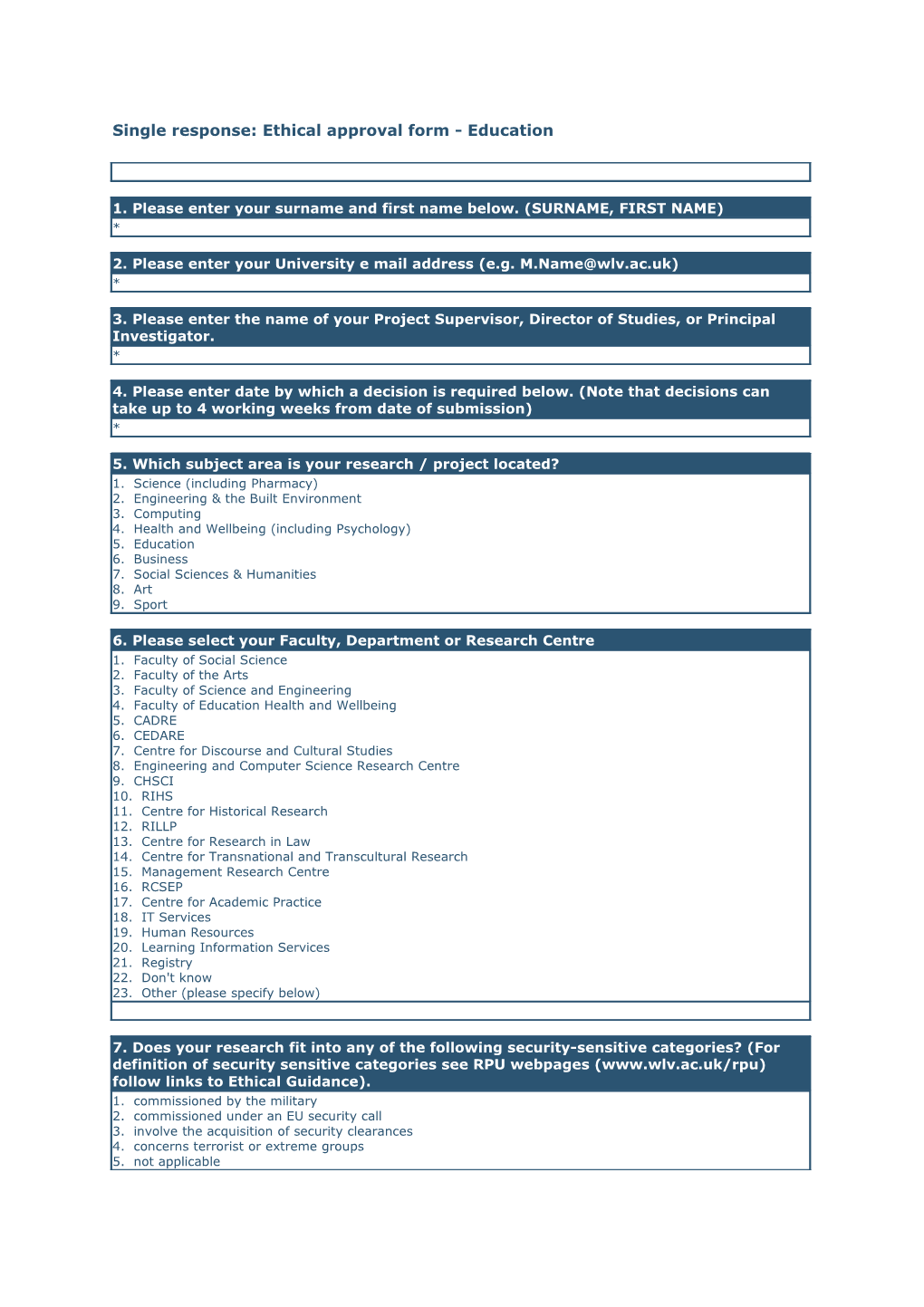 Single Response: Ethical Approval Form - Education