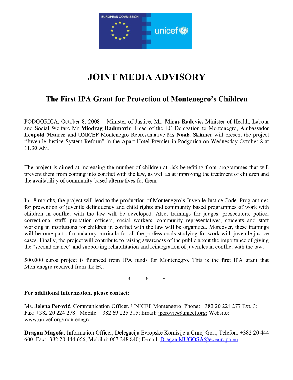 The First IPA Grant for Protection of Montenegro S Children