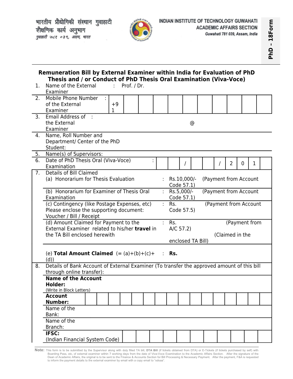 Remuneration Bill by External Examiner Within India for Evaluation of Phd Thesis and