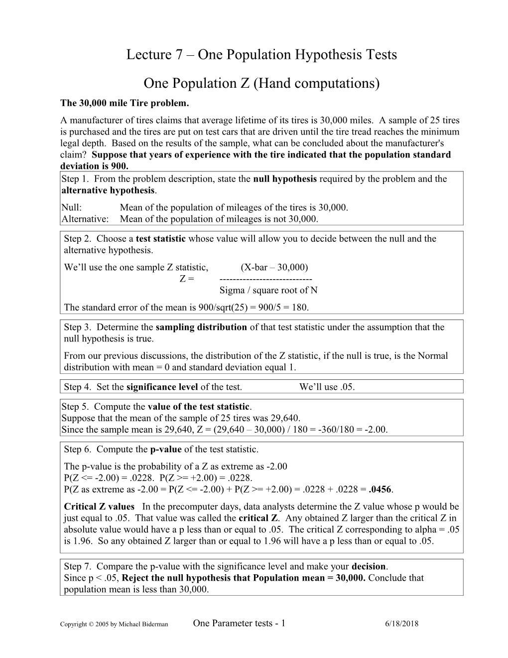 Lecture 7 One Population Hypothesis Tests