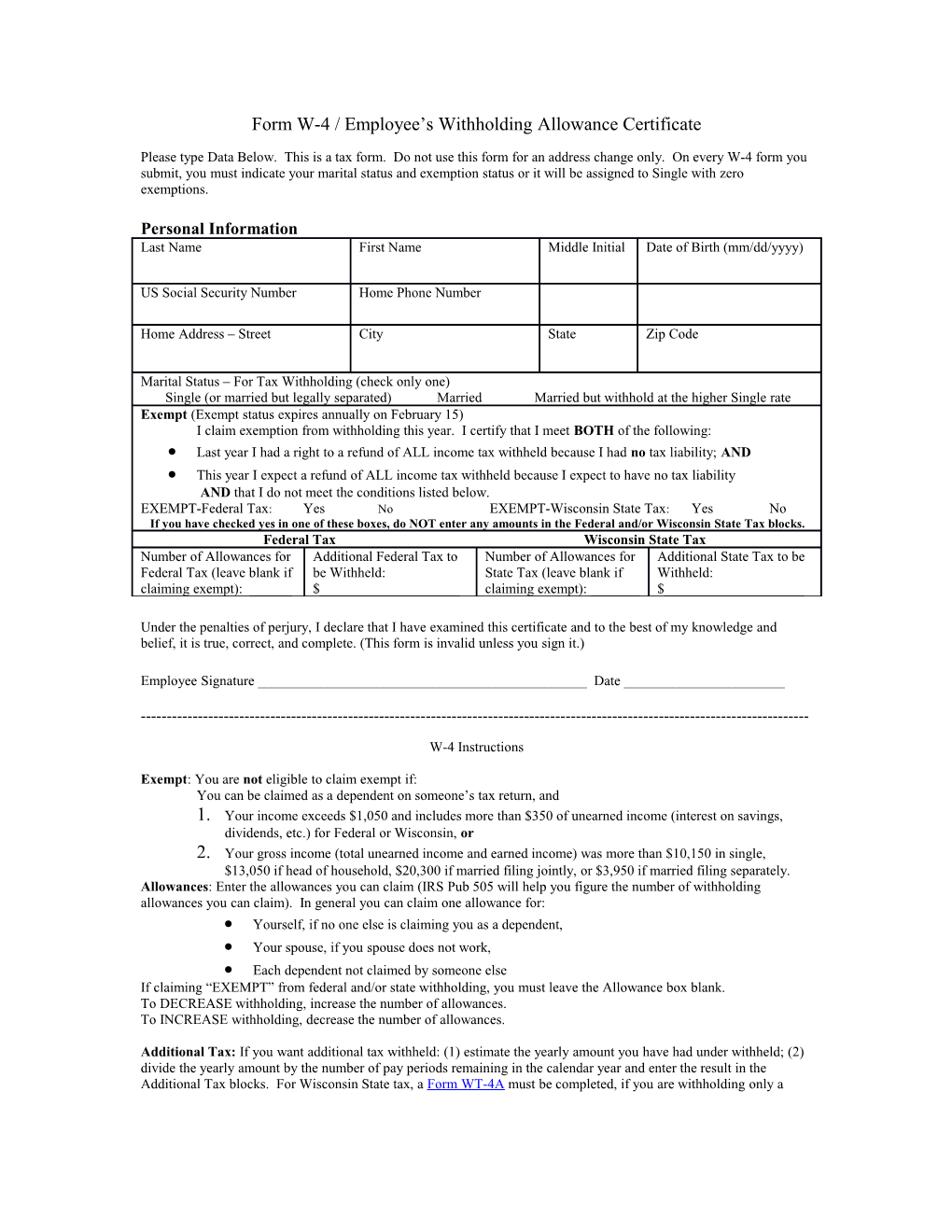Form W-4 / Employee S Withholding Allowance Certificate