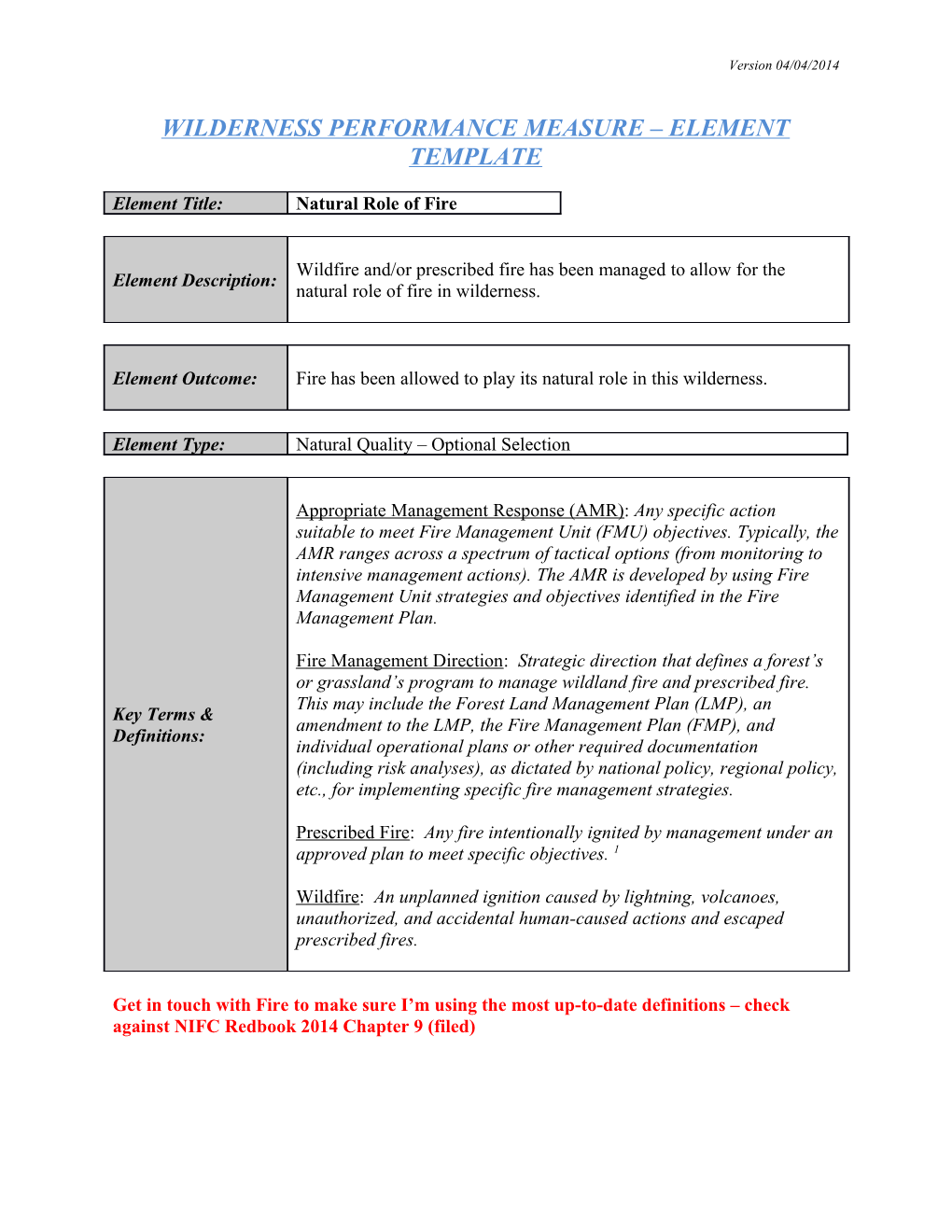 Wilderness Performance Measure Element Template