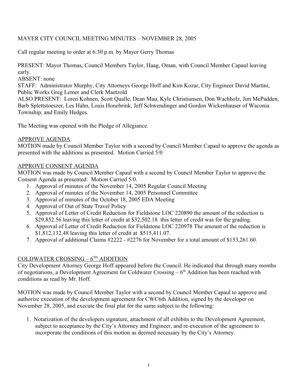 Mayer City Council Meeting Minutes - June 28, 1999 s1