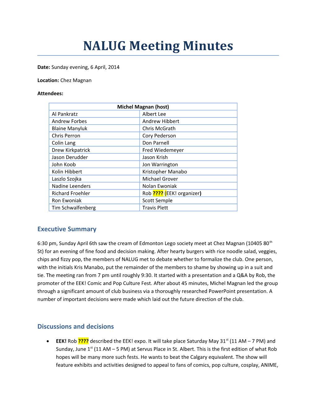 NALUG Meeting Minutes