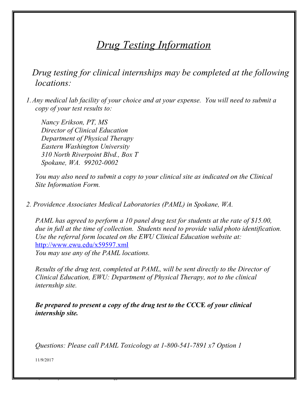 Pathology Associates Medical Laboratories (PAML) Employee Drug Screen Authorization