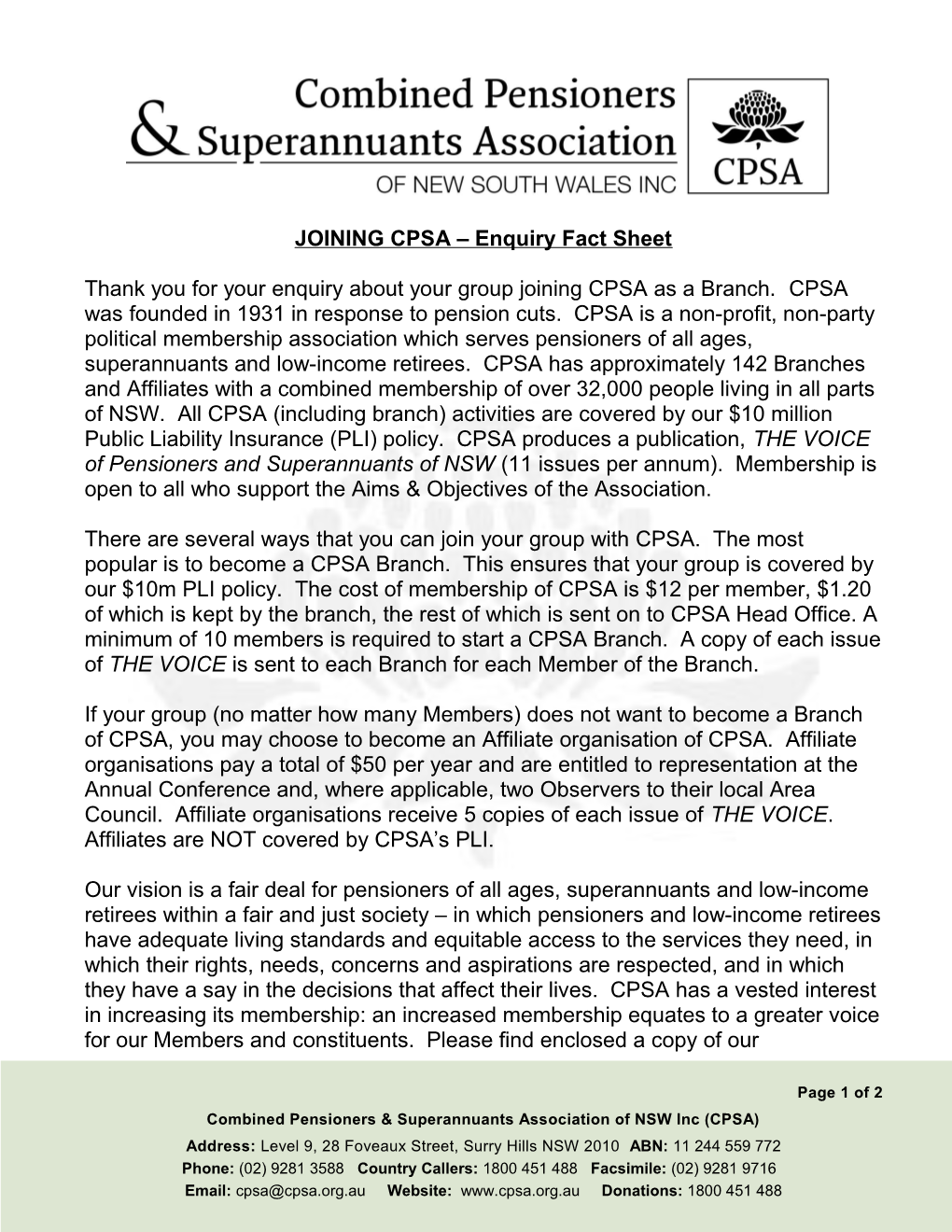 JOINING CPSA Enquiry Fact Sheet