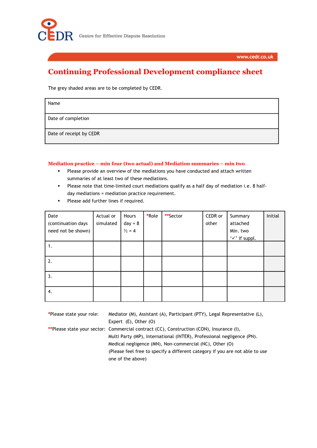Continuing Professional Development Compliance Sheet