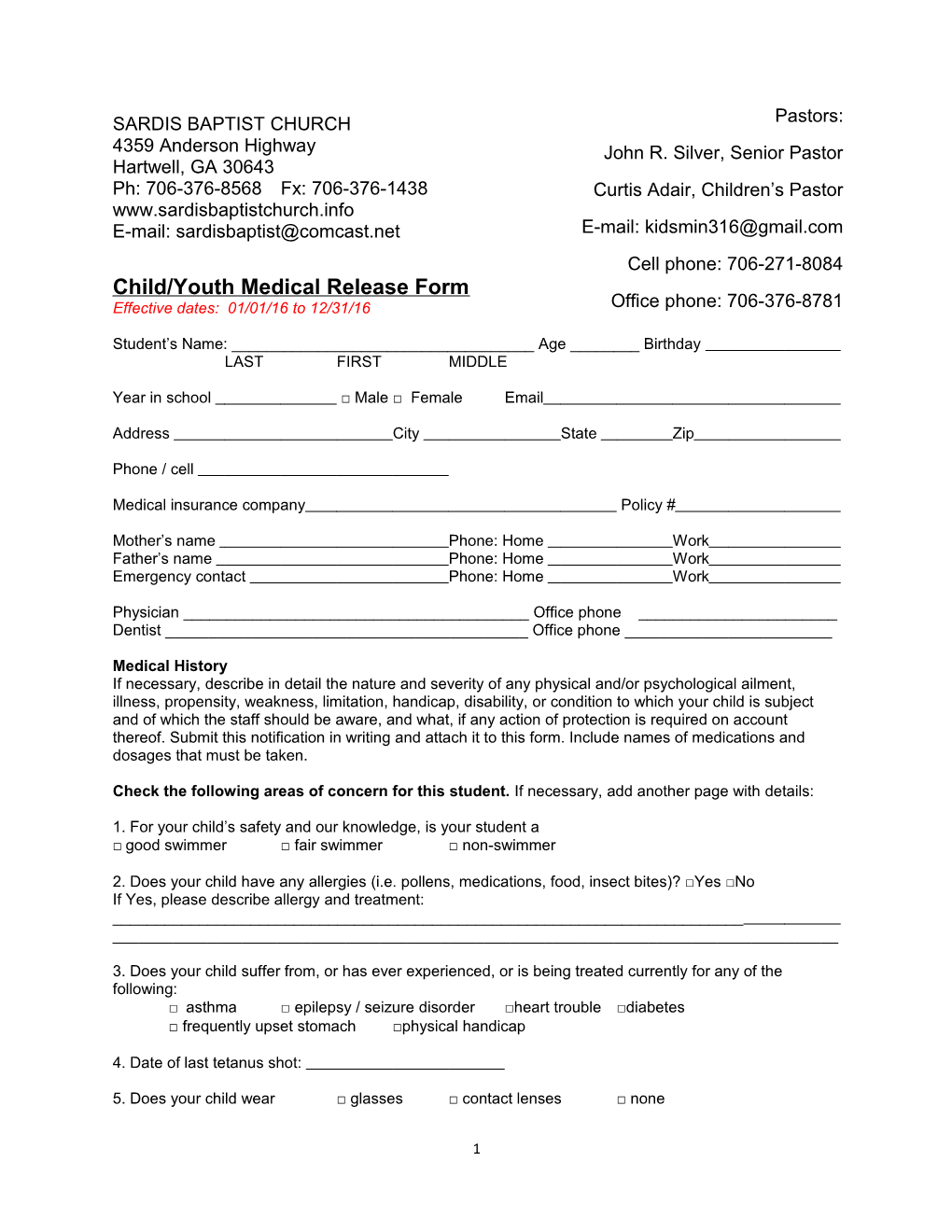 Child/Youth Medical Release Form