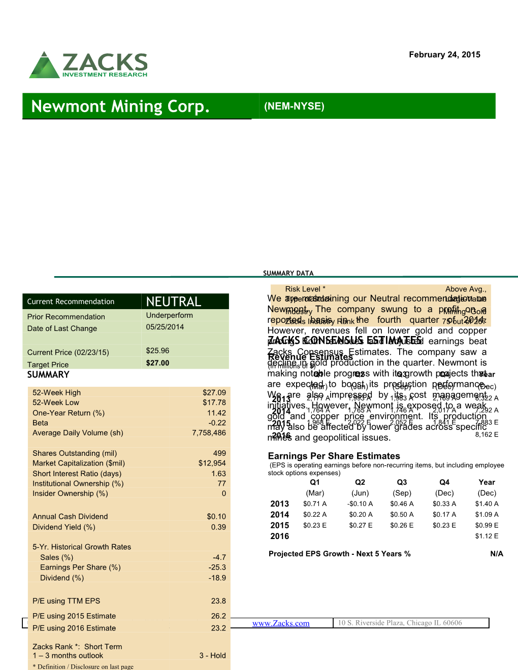 Risk Level * / Above Avg., Type of Stock / Large-Value Industry / Mining -Gold Zacks Industry