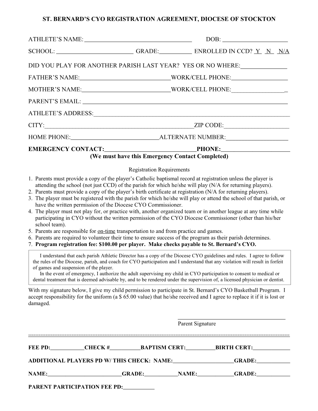 St. Bernard S Cyo Registration Agreement, Diocese of Stockton