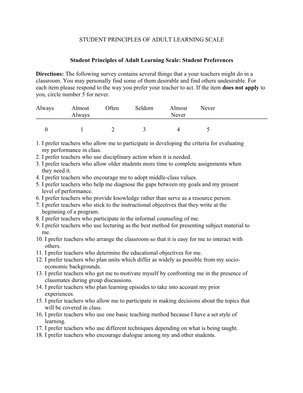 Student Principles of Adult Learning Scale: Student Preferences