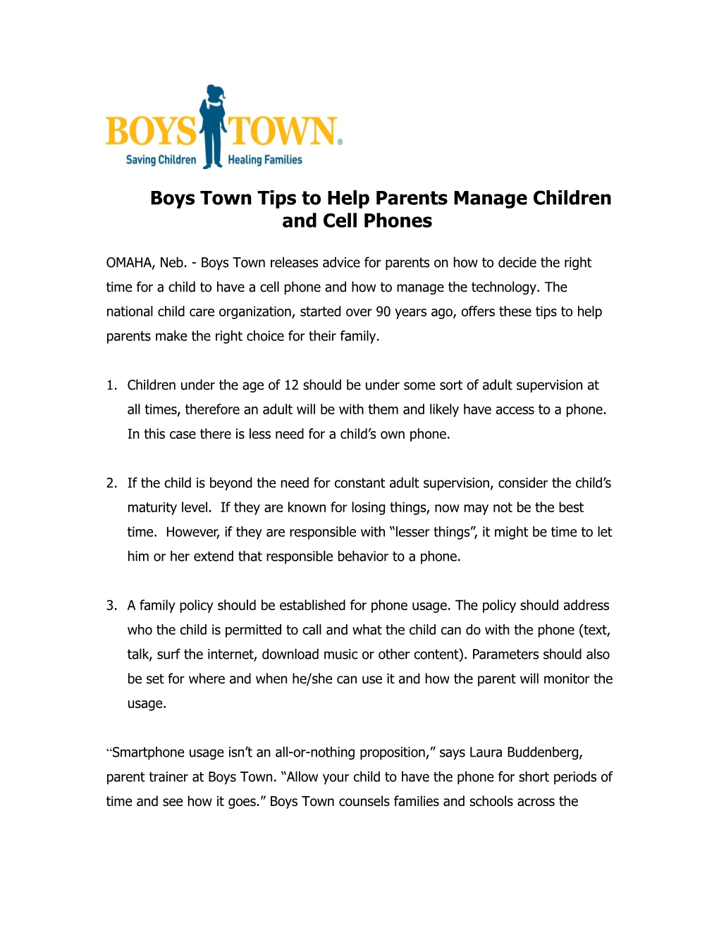 Boys Town Tips to Help Parents Manage Children and Cell Phones