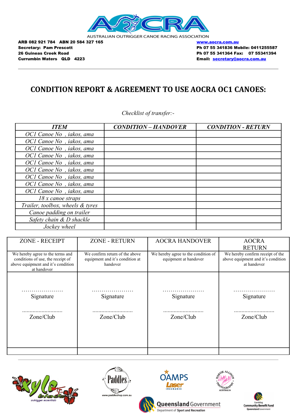 Condition Report & Agreement to Use Zone Irb
