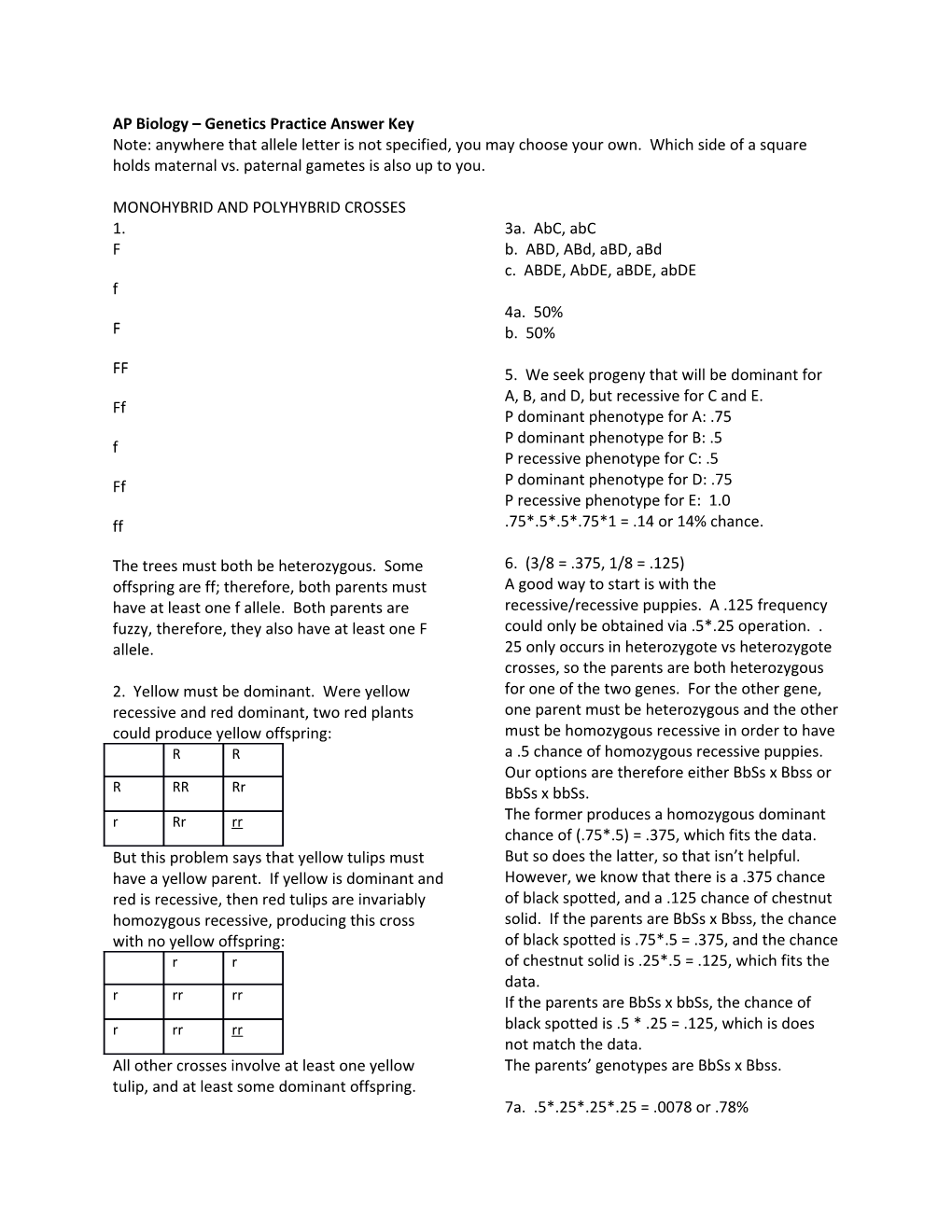 AP Biology Genetics Practice Answer Key