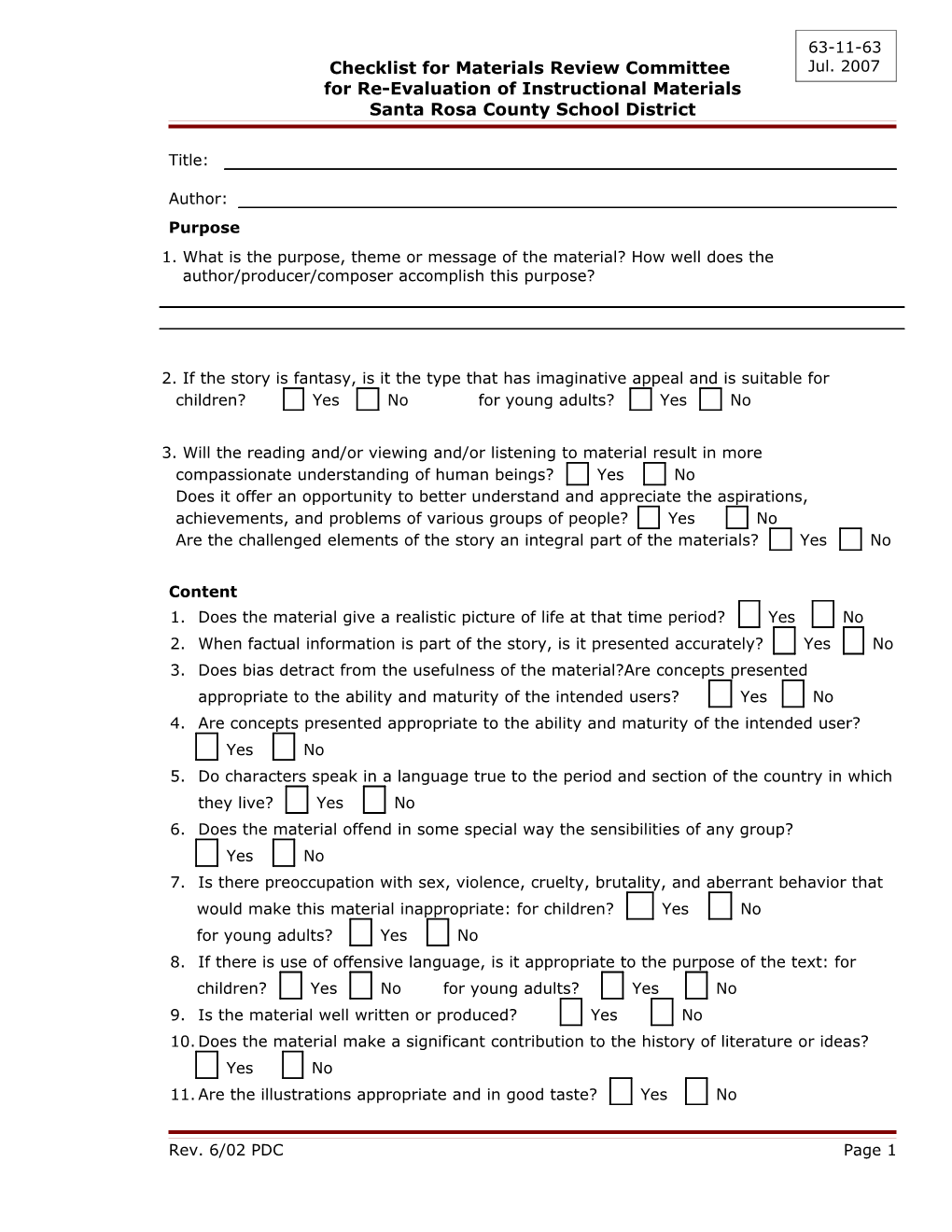 Checklist for Citizen S Request for Re-Evaluation of Instructional Materials