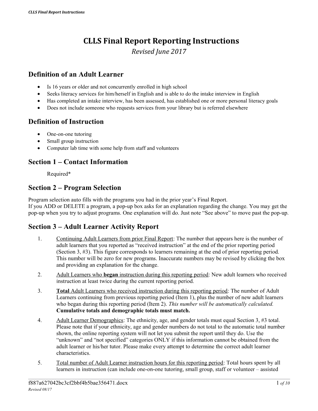 CLLS Final Report Reporting Instructions