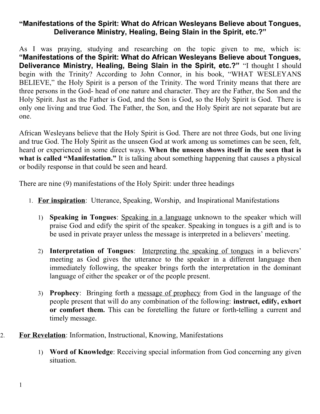 As I Was Praying, Studying And Researching On The Topic Given To Me, Which Is: “Manifestations Of The Spirit: What Do Wesleyans Believe About Tongues, Deliverance Ministries, Healing, Being Slain In The Spirit And Other Manifestations Of The Spirit” I T