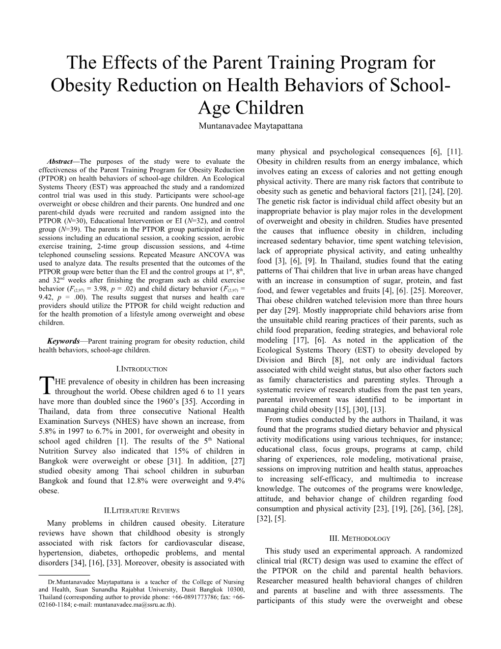 The Effects of the Parent Training Program for Obesity Reduction on Health Behaviors Of
