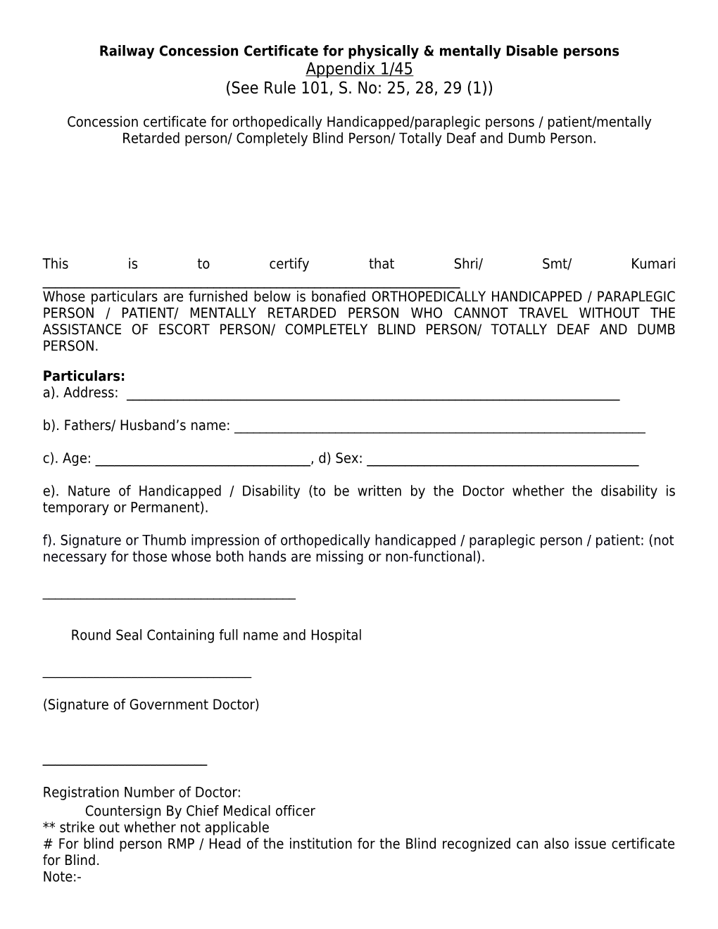 Railway Concession Certificate for Physically & Mentally Disable Persons