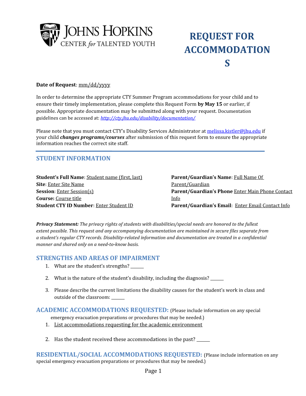 Request for Accommodations Form - CTY Summer Programs