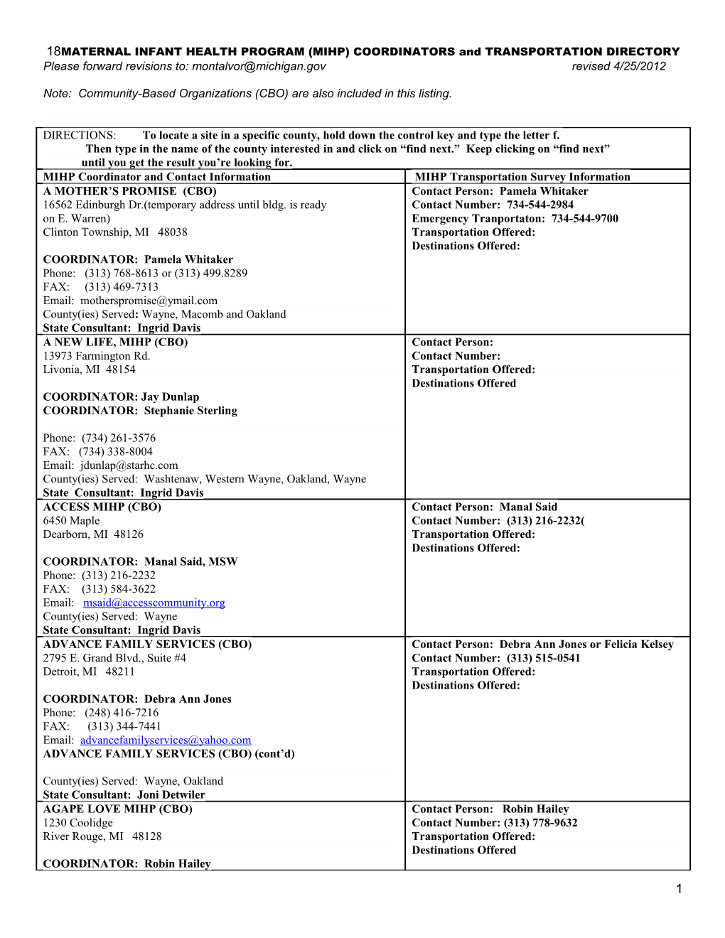 Health Dept* Information and County(Ies) Served