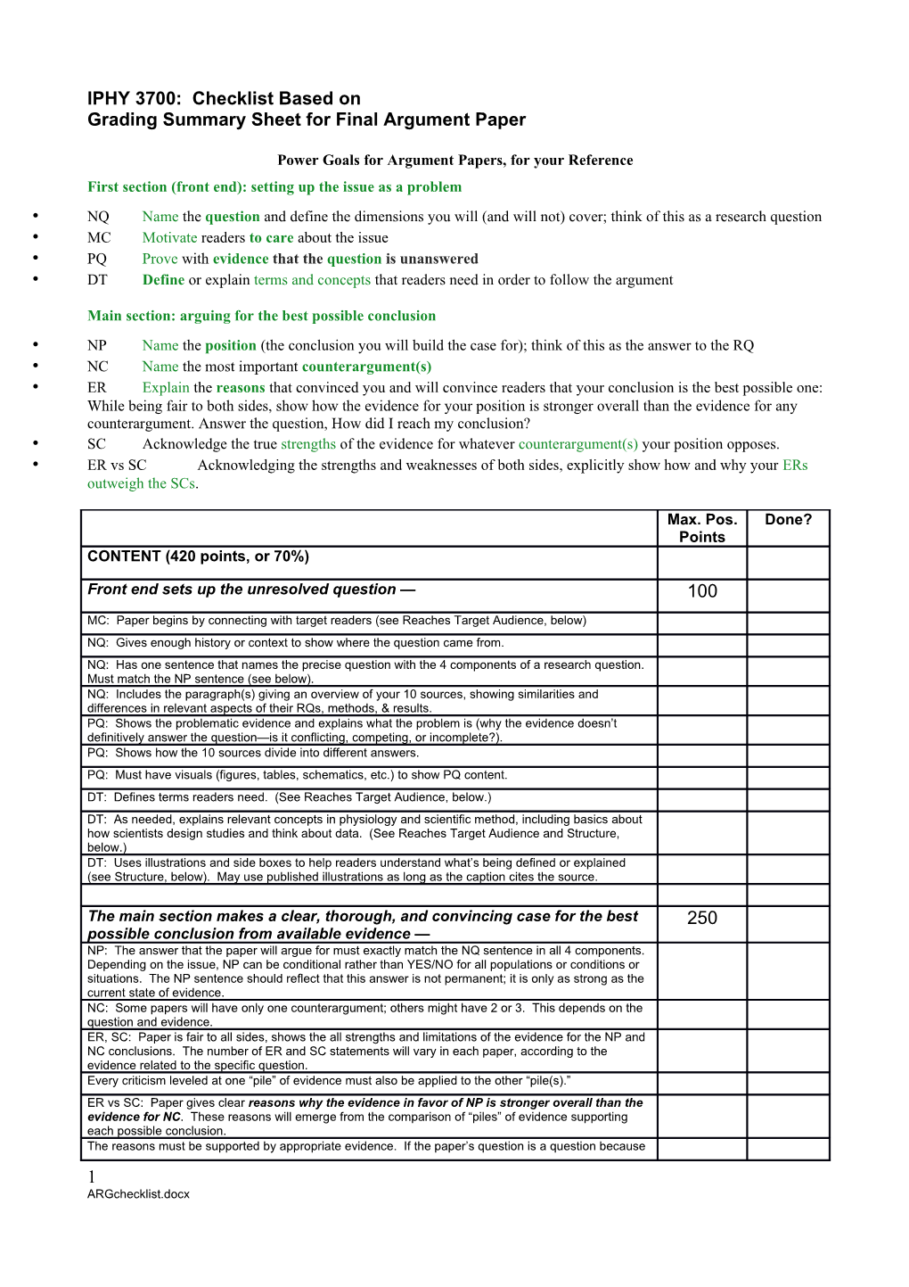 Grading Summary Sheet for Final Argument Paper