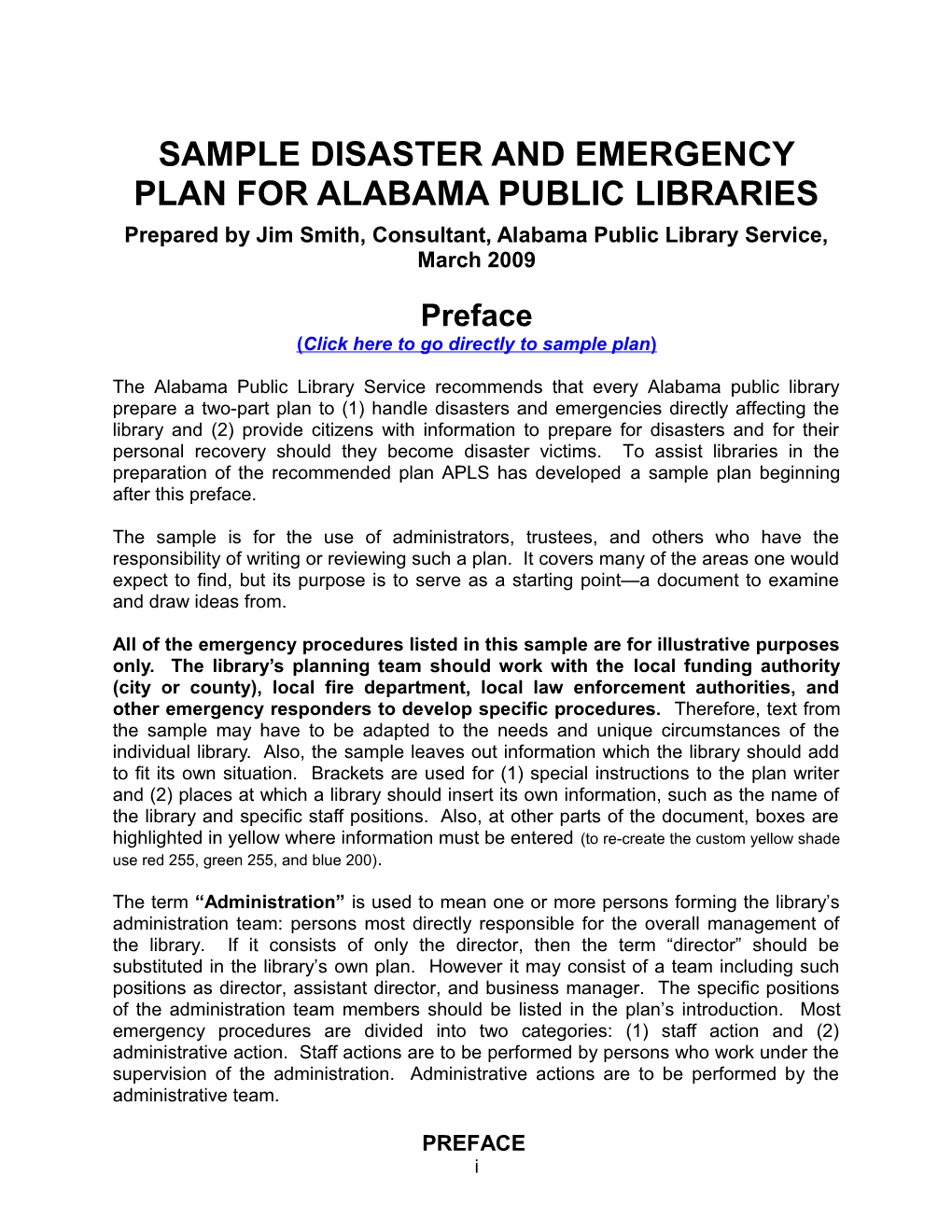 Sample Disaster and Emergency Plan for Alabama Public Libraries
