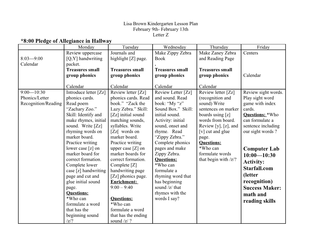 Lisa Brown Kindergarten Lesson Plan