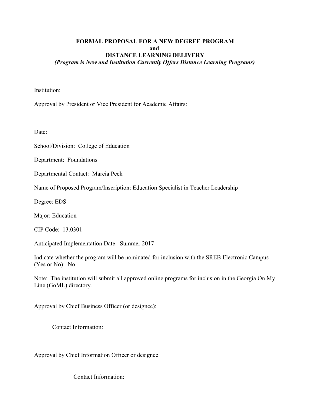 Formal Proposal for a New Degree Program