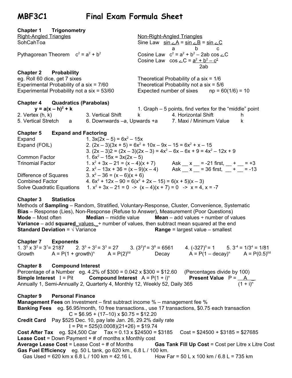 MBF3C1 Final Exam Formula Sheet