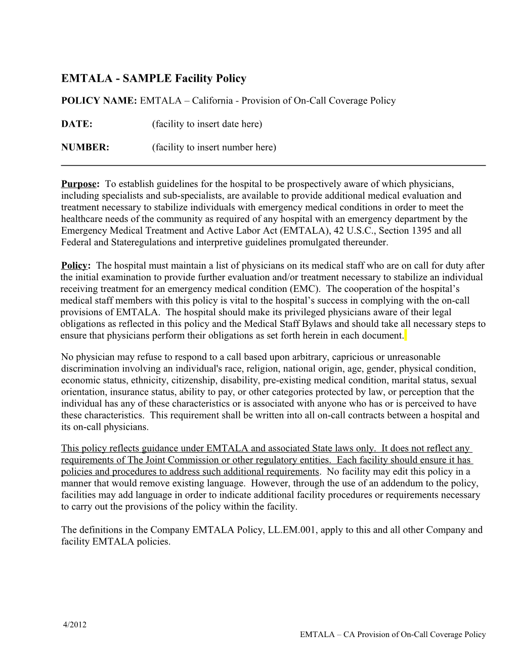 EMTALA - SAMPLE Facility Policy