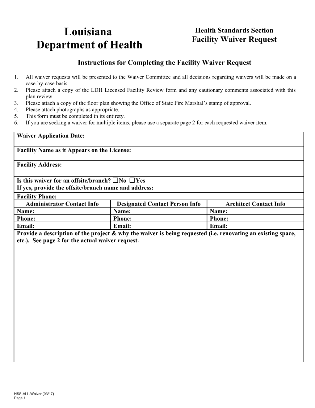 Instructions for Completing the Facility Waiver Request