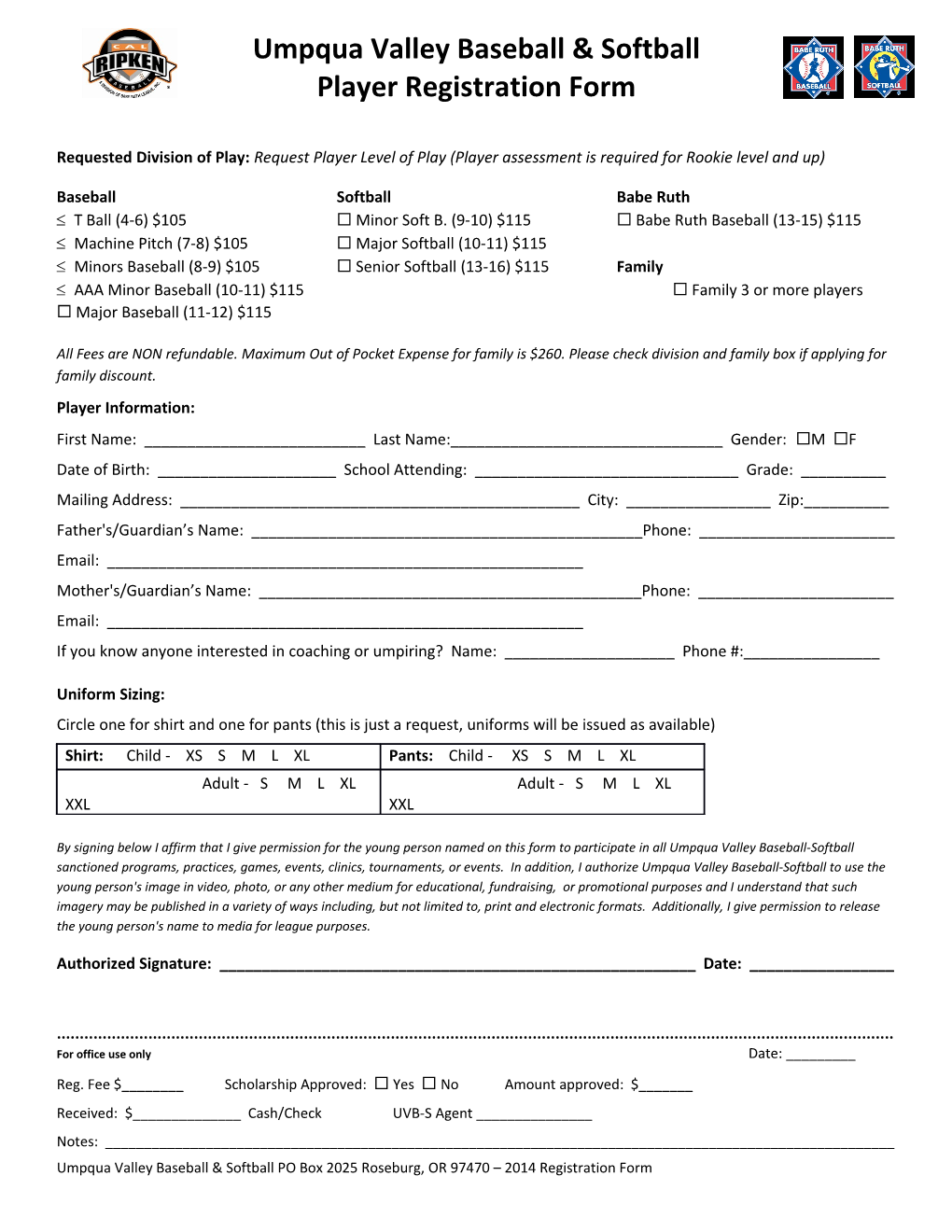 2014 Umpqua Valley Cal Ripken Registration Form