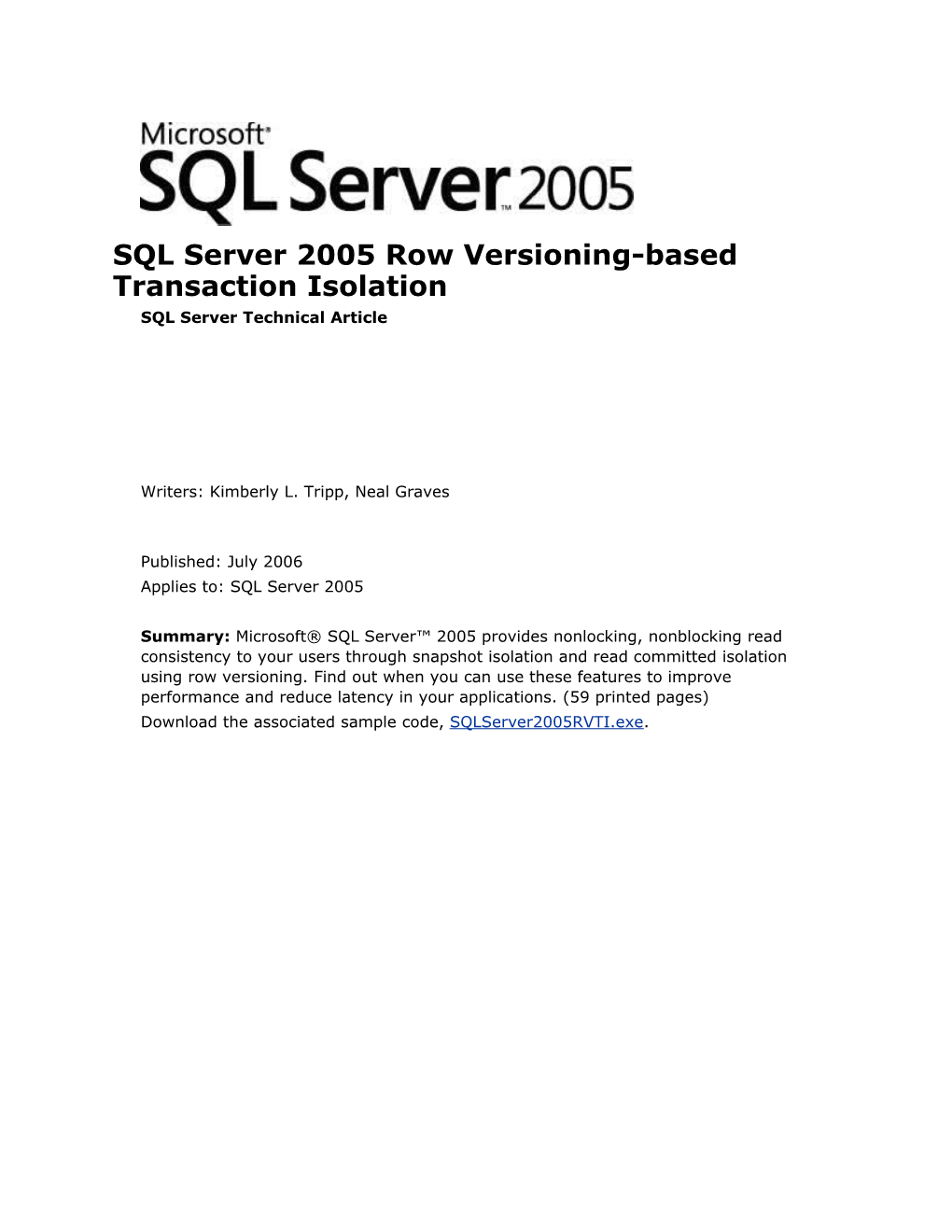 SQL Server 2005 Row Versioning-Based Transaction Isolation