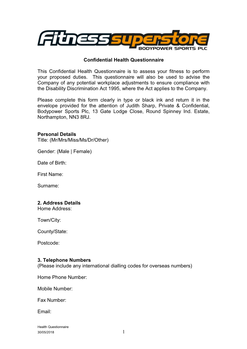 Confidential Health Questionnaire