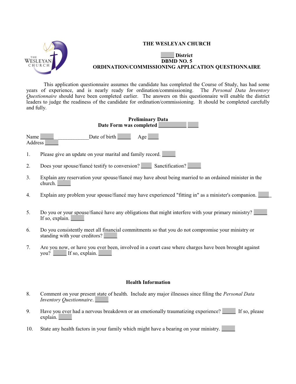 Ordination/Commissioning Application Questionnaire