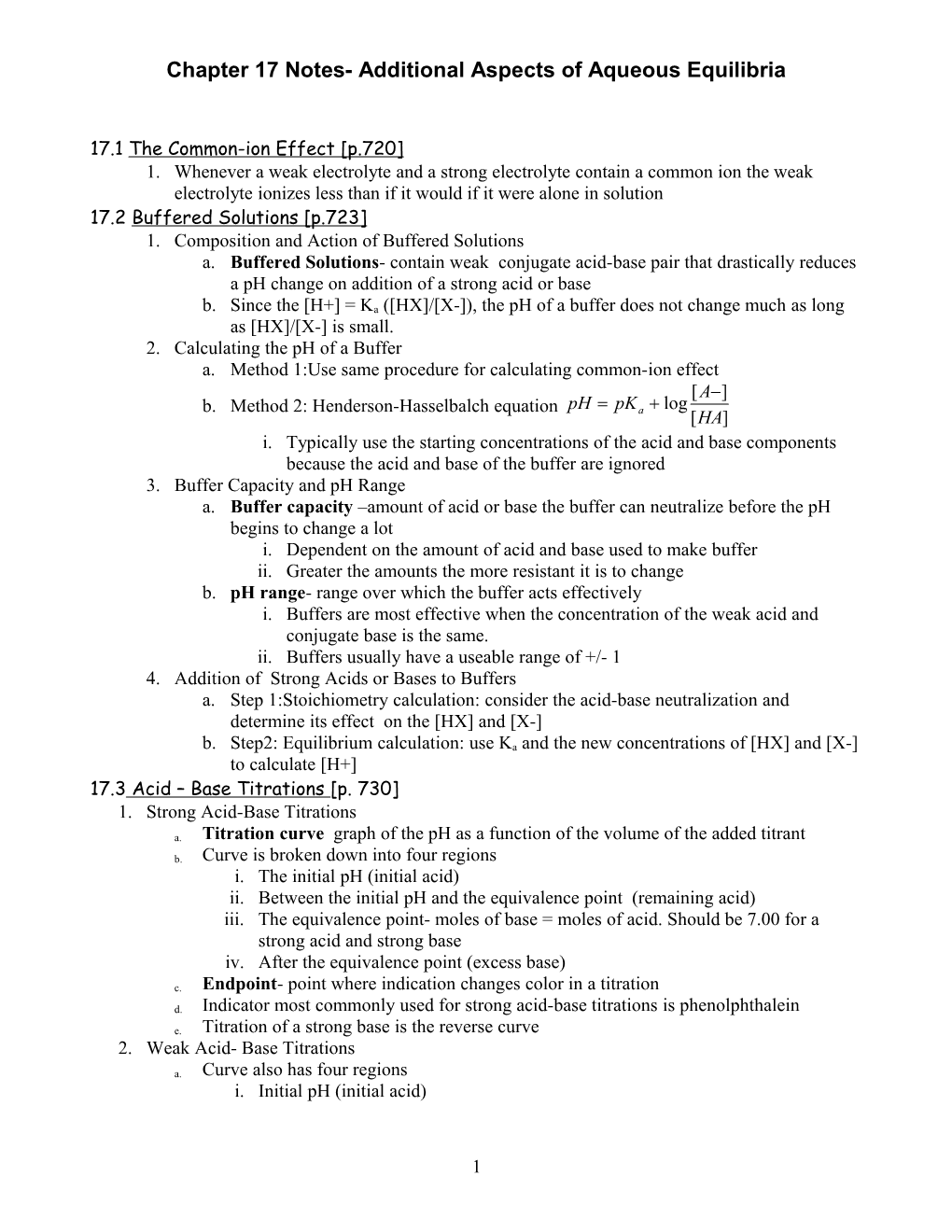 Chapter 17 Notes- Additional Aspects of Aqueous Equilibria