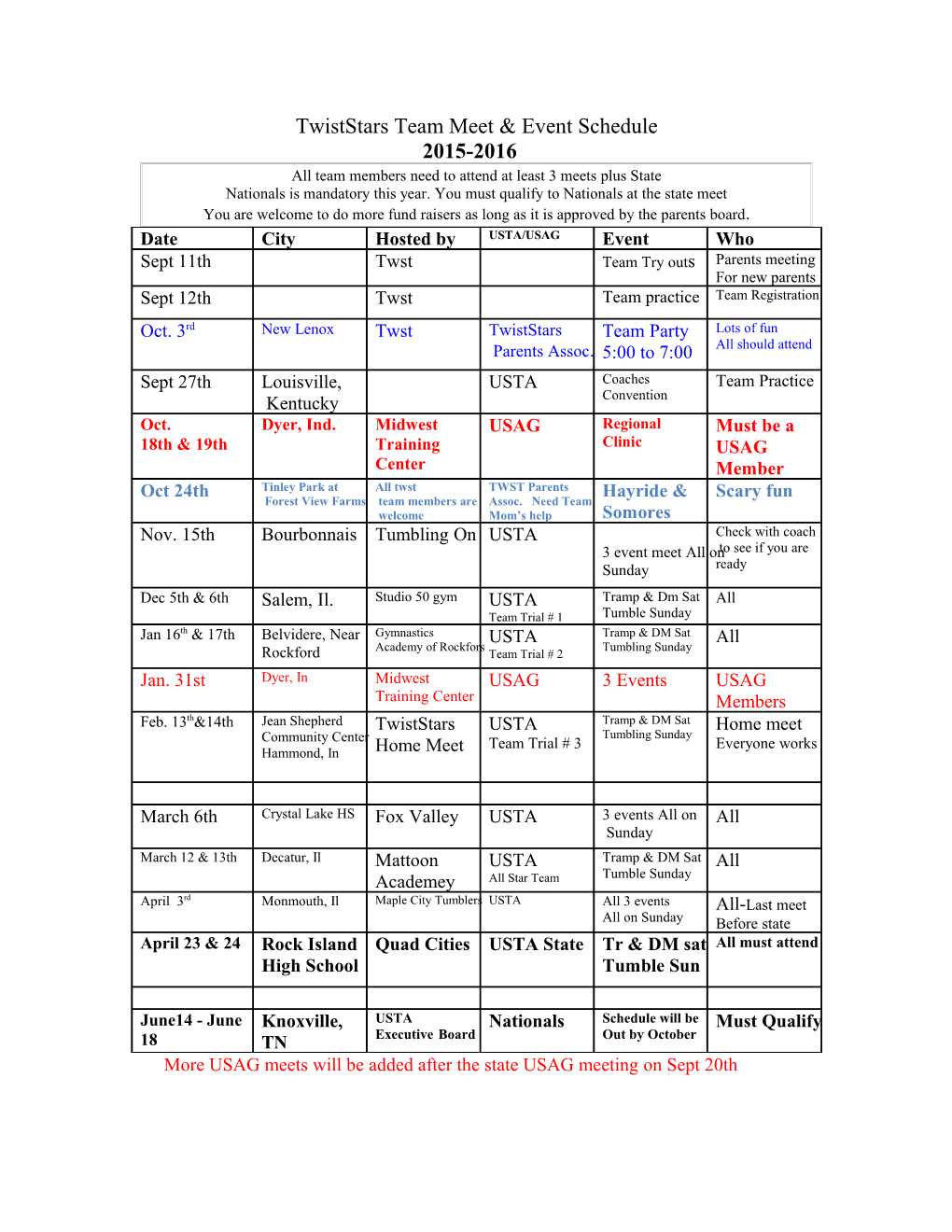 Twiststars Team Meet & Event Schedule