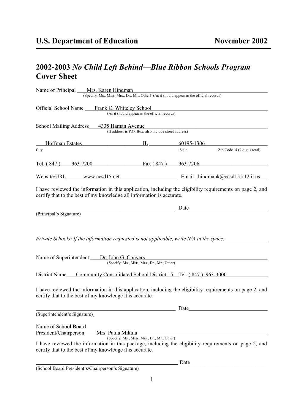 Frank C. Whiteley School 2003 No Child Left Behind-Blue Ribbon School (Msword)