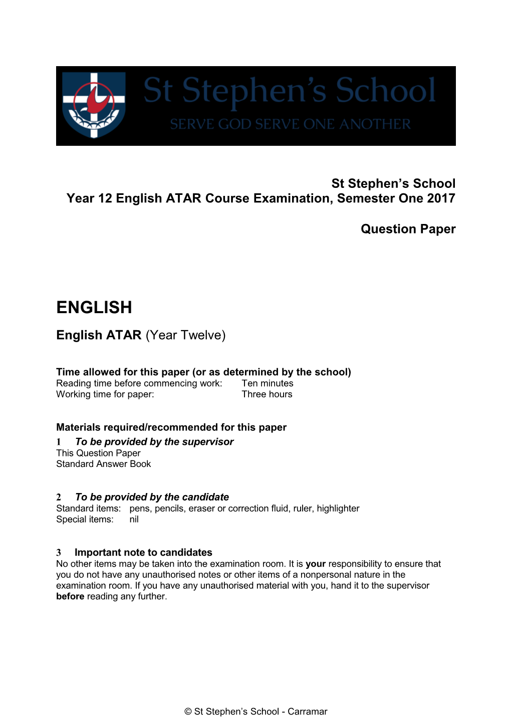 Year 12 English ATAR Course Examination,Semesterone 2017